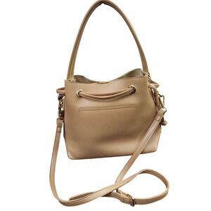 Melie Bianco Tan Vegan Leather Bucket Bag Crossbody Drawstring Gold Hardware